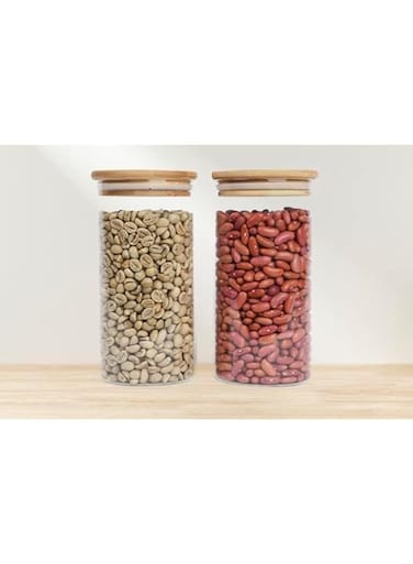 Mash 2-Piece Kitchen Food Storage Round Glass Canister Jar With Airtight Bamboo Lid For Cereals, Pasta, Tea, Coffee, Snacks, And Spices - 1000 ML Transparent