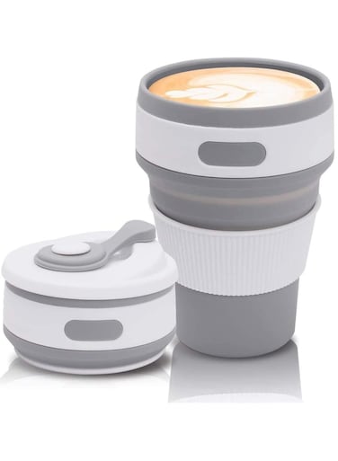 Cup, Collapsible Coffee Cup, Folding Cup, Food Grade Silicone Cup, Portable Cup, Reusable Cups, Foldable Cup with Lids for Outdoor Drinking, Leak Proof, BPA Free, Durability (Gray)