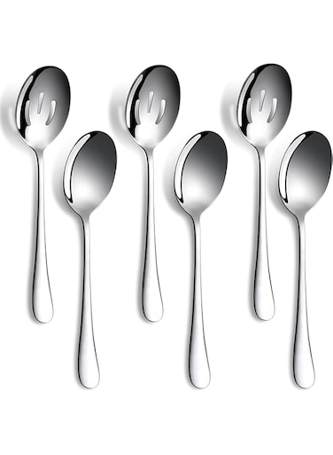 6 Pcs Serving Spoons Set, 8.7 Inch Serving Spoons x 3,Slotted Serving Spoon x 3, Metal Serving Utensils for Stainless Steel Buffet Banquet Spoon, Large Spoons Utensils Cutlery Set for Home, Kitchen