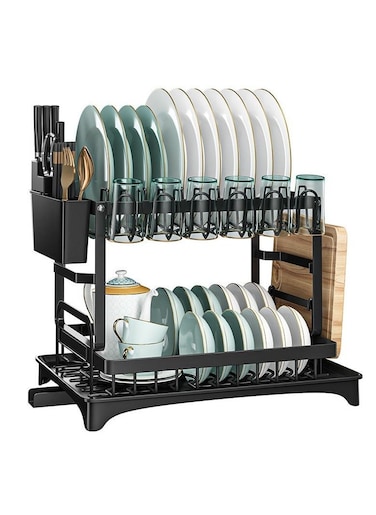 2 Tier Foldable Dish Drying Rack with Utensil Holder &amp; Cutting Board Holder &amp; Drainboard Tray, Rotatable Drainage System Scratch Resistant Frosted Baking Process Coatings, Large Black UK86279