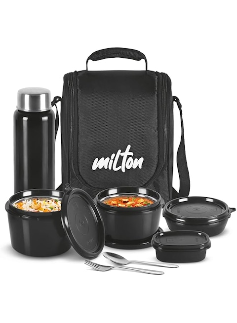 MILTON 8-Piece Pro Lunch Box Set with Insulated Bag &amp; Cutlery - Includes 3 Microwave Safe Inner Steel Food Containers (180ml, 320ml, 450ml), 100ml Plastic Box, 750ml Bottle, Office Tiffin - Black