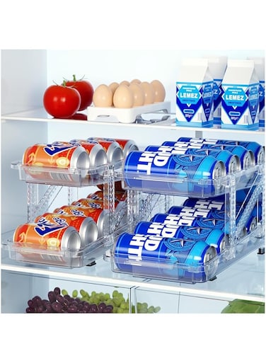 Pecbase Soda Can Dispenser for Refrigerator, Set of 2 Adjustable Width Soda Can Organizer 2-Layer Beverage Pop Can Holder Drink Organizer for Fridge, Pantry, Cabinet, Countertop, Clear (106-2)