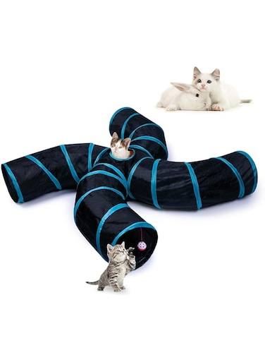 KASHIWA Cat Tunnel, Lndoor Cat Lnteractive Toys, 4 Way S Shape Collapsible Tube with Interactive Ball &amp; Storage Bag, Pet Toys for Small Pets, Cat, Puppy, Kitty, Kitten, Rabbit (Black Blue)