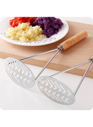 Ergonomic Double Plate Potato Masher Strong Metal Construction with Wooden Grip Ideal for Potatoes Vegetables Avocado Smooth Results Effortless Mashing Kitchen Essential Durable Reliable Tool