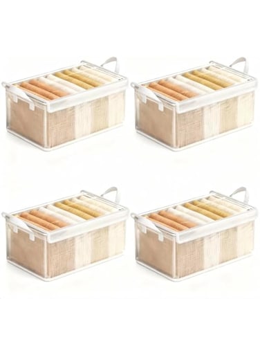 4-Pack Clear PVC Wardrobe Organizers with Lids, Foldable Clothes Storage Box with Metal Frame, Stackable Closet Storage Bins for Sweaters, Jeans, Bras &amp; Toys