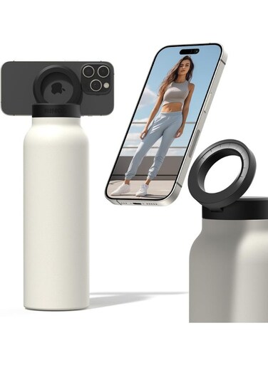 Bottle + Free Magnetic Booster Ring,Stainless Steel Hydration Bottle w/ Integrated MagSafe Phone Mount, 12Hrs Hot/24Hrs Cold, BPA-Free, Works w/ iOS- Stainless 800ML(CREAM).