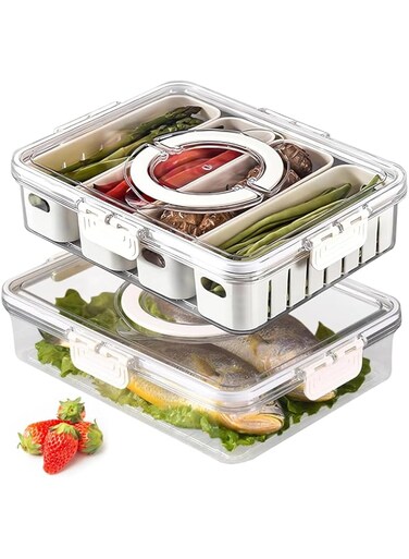 2pcs Refrigerator Organizer Box,Divided Food Storage Container Fruit Storage Bin w/ 4 Drain Basket/without Drain Besket,Stackable Vegetable Strainer Box,Freezer Snack Box for Candy,Fruits,Veggie,Fish