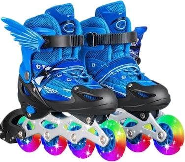 Blue Rollerblades Boys Teens Skating Shoes With Rainbow LED Wheels Inline Skates with Size 26 - 32 EU Adjustable Wings For Boys