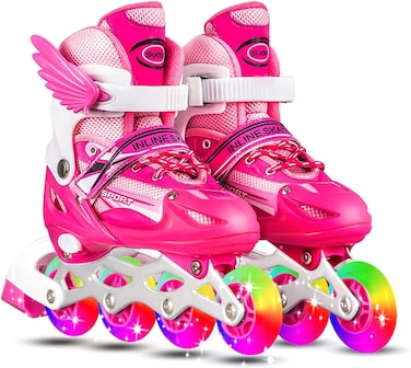 Pink Rollerblades Girls Teens Skating Shoes With Rainbow LED Wheels Inline Skates with Size 33 - 38 EU Adjustable Wings For Girls