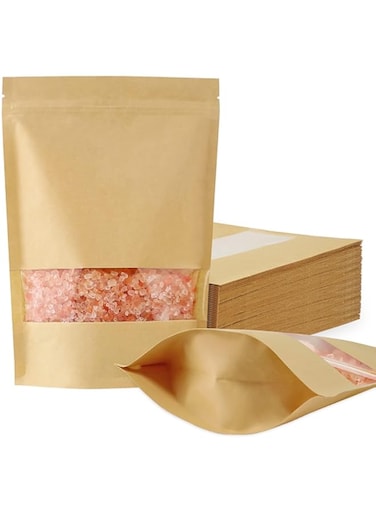 Azonee 50 Pcs Kraft Paper Bags with Window, Stand Up Pouches Bags, Zip Lock Food Storage Bags for Packaging Products, Reusable, Sealable (17 * 24cm)