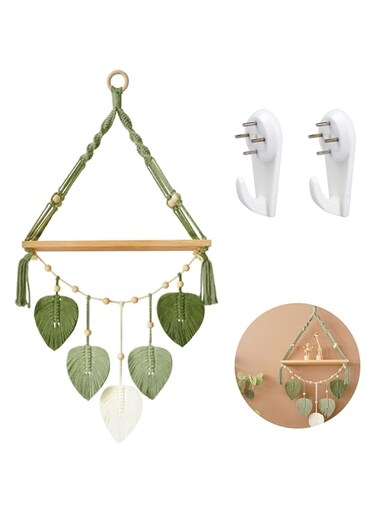 Azonee Macrame Wall Hanging Shelf, Wood Floating Storage Shelf Boho Woven Leaf Wall Decor Plant Hanger, Boho Bookshelf, for Bedroom Living Room Nursery Bathroom