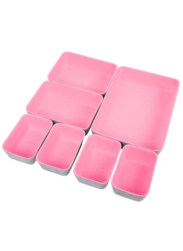 7 PCS Drawer Organiser Divider Trays, Office Desk Organizer Drawer Trays, Dresser Divider Bins, Separators Drawer Divider for Kitchen, Makeup, Office, Baby, Jewelries, Pens (Pink)