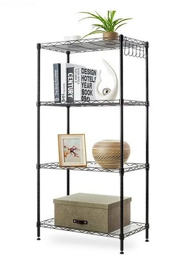 4 Tier Wire Shelving Unit,Adjustable Storage Racks and Shelving, Heavy Duty Rolling Metal Shelves with Side Hooks for Laundry Bathroom Kitchen,Black