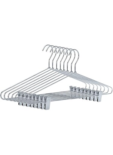 Quality Hangers Pant/Skirt Blouse Hanger 10-Pack, Heavy-Duty Skirt with Clips, Adjustable Clip Pants Hanger, Chrome (Chrome, 10)