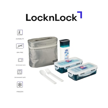 LocknLock 6-pcs Insulated Lunch Bag Set &ndash; Grey, Airtight, BPA-Free Containers with Water Bottle