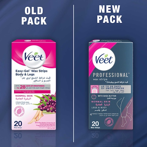 Veet Professional Hair Removal Easy-Gel Legs &amp; Body Wax Strips with Shea Butter for Normal Skin, 20 Strips