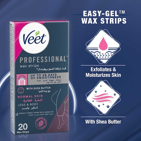 Veet Professional Hair Removal Easy-Gel Legs &amp; Body Wax Strips with Shea Butter for Normal Skin, 20 Strips