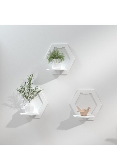 Shelves for Wall, PVC Floating Shelf Easy Assembly, 29x29x18cm, Practical and Decorative Shelf for Children's Room, Living Room, Bedroom, Hexagon, White, Set of 3