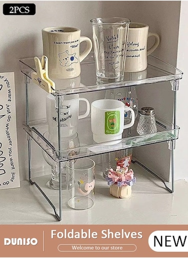 2pcs Clear Acrylic Foldable Shelves Cabinet Storage Organizer Shelf Rack Countertop Stackable Shelve for Kitchen Bathroom,Easily Organize Your Kitchen Counter and Cabinet Shelves