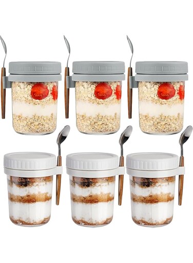 Premify 6-Pack Overnight Oats Jars with Lids &amp; Spoons (3 White, 3 Grey, 350ml) &ndash; Reusable Glass Containers with Measurement Marks for Breakfast, Oatmeal, Milk, Cereal, Fruit Storage