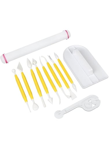 Fondant Cake Decorating Tool, Sugarcraft Icing Cake Making Set, Smoother Fondant Cutter Embosser Icing Smoother Rolling Pin Modeling Tool Kit Set Flower Fondant Cake Sugarcraft Decorating Kit(11 Pcs)