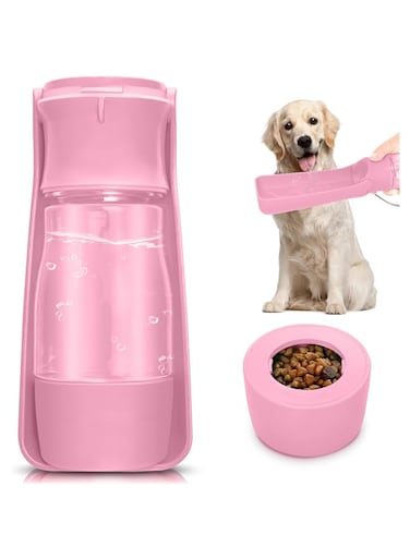 COMTENS Dog Water Bottle with Food Container - Foldable Portable Puppy Travel Water Dispenser, Leak Proof Dog Water Bowl Summer Accessories for Pet Outdoor Walking Hiking (Pink)