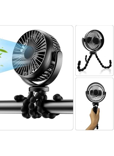 ZYTSHOP 5200mAh Stroller Fan, Mini fan Desk Fan, 3 Speed Portable Handheld Quiet Fan for Baby, Strong Fan in office, Battery Operated Personal USB Cooling Fan, with Adjustable Flexible Tripod- Black