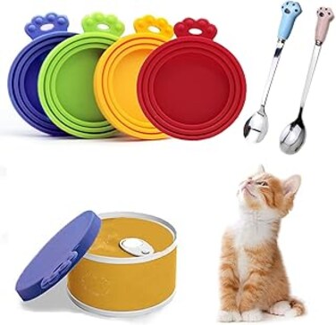 Proxima Direct Pet canned Food Lid,4 Pcs Silicone Pet Can Covers &amp; 2 Pcs Pet Spoons,Cute Spoon for Dog and Cat, One Meet Three Sizes
