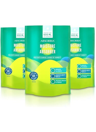 Absorbia Moisture Absorber   Stand up Closet Pouch - Pack of 3 (600ml Each) Absorption Capacity Dehumidifier for Wardrobe &amp; Cupboards   Fights Against Moisture, Mould, Fungus &amp; Musty smells