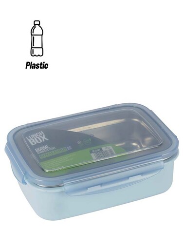 850Ml Lunch Box With Ss Inner, Spoon &amp; Plastic Body - RF12187  Rectangle With Lid, 4 Side Locks. Food-Grade, Bpa-Free, Airtight, Leak-Proof. Compact, Portable Design Blue/Silver 270grams