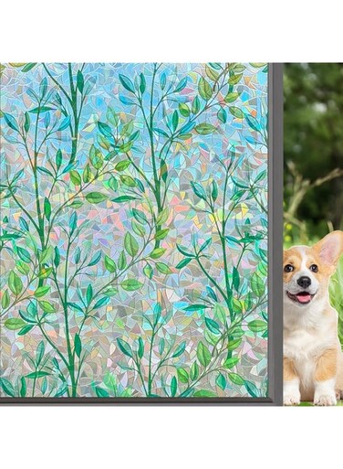 3D Stained Glass Privacy Window Film, Rainbow Green Leaves Glass Door Film, Static Cling Window Cling Covering Tint Anti UV Heat Control for Home and Office,17.5 inches by 78.7 inches