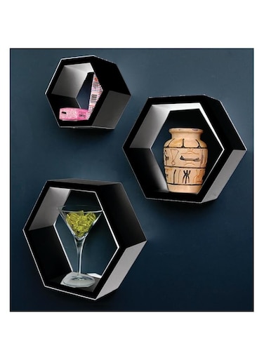 Feelings Wall Floating Shelves_Set of 3 Pieces   Wall Mounted Shelf   Trophy Stand Shelf   Shelves For Bedroom, Living Room, Bathroom, Hexagonal Shape Wall Shelves Home Room Decor - (Black)