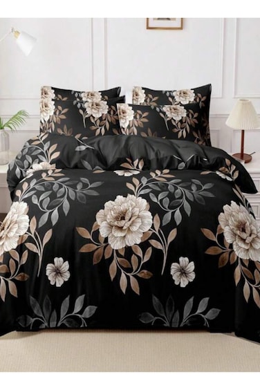 Home Queen size, 6-piece duvet cover set with a black background with beige roses 200x230cm.
