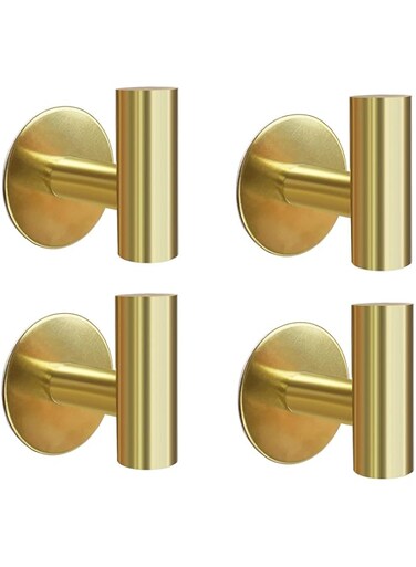 NOSKIN 4 Pack Adhesive Wall Hooks, Heavy Duty Sticky Towel Hooks for Bathroom Kitchen Door, Wall Mounted Stick on Hook for Coat Towels Keys Robe (Gold)