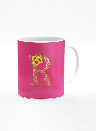 Designer Printed Coffee Mug 11oz Ceramic Personalised Gift Mugs Cup Custom Monogram Initial Letter Floral Pattern Alphabet R (Dark Pink Rose)