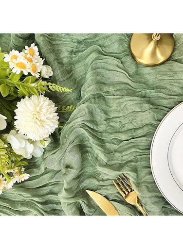 35x120 inch Cheesecloth Table Runner, Crinkled Gauze Table Runner, Rustic Table Runner, Bohemian Tablecloth Banquet Decoration for Wedding Thanksgiving Christmas Birthday, Green