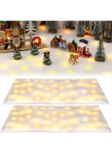Cindeer LED Christmas Snow Blanket Roll with Lights, Lighted Snow Blanket With LED Light Strings, Artificial Winter Fake Snow Blanket Table Runner for Christmas Village Tree (2 Sets)