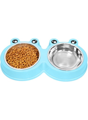 Mumoo Bear Double Cat Bowls Cute Modeling Food Water Feeder No Slip Stainless Steel Rabbit &amp; Pet Bowls, blue
