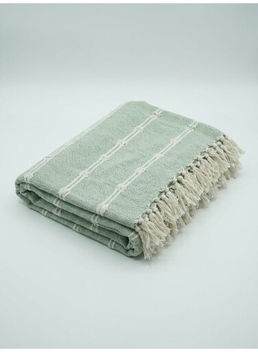 130 x 160 cm Premium Cotton Throw Blanket in Sage Green with Tassels Cozy Boho Decorative Couch Cover and Bed Runner