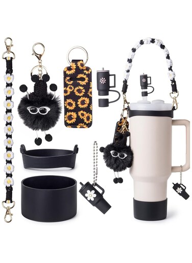 Cup Accessory Kit For Stanley Quencher Including Water Bottle Handle Strap, Silicone Cup Sleeve, Lipstick Holder, Key Chain Charms, Handle Charms, And Straw Topper Accessories For 40oz/30oz Black Stanley Cup