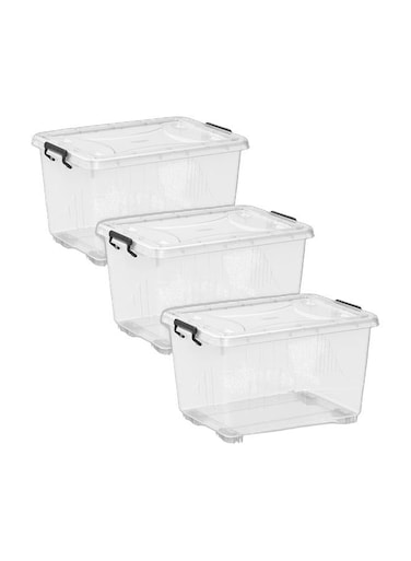 33L Clear Plastic Storage Box With Wheels &amp; Lockable Lid (Pack Of 3)