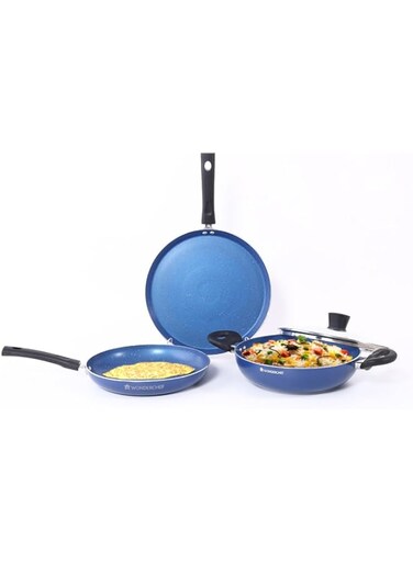 Wonderchef Valencia Non-Stick Cookware 4 Piece Set   Kadhai with Lid, Fry Pan, Dosa Tawa   Induction Friendly   Cool Touch Bakelite Handles   Pure Grade Aluminium  PFOA Free  2 Years Warranty   Blue