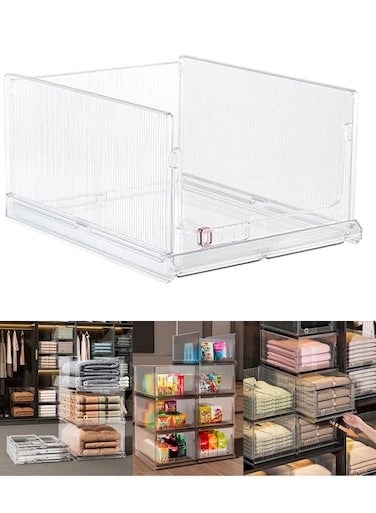 Organizer Transparent Stackable Plastic Storage Basket Foldable Closet Organizer Storage Bins Drawer Shelf Storage Container For Wardrobe Cupboard Office Kitchen Bathroom (Large)