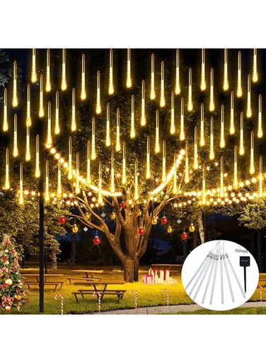 JMEXSUSS Solar Meteor Shower Rain Lights, 30cm 8 Tube 144 LEDs Warm White Meteor Lights, Led Falling Rain Fairy String Lights for Xmas Tree Wedding Holiday Party Patio Decoration