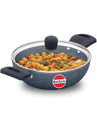Hawkins Ceramic Nonstick 1.75 Litre Deep Kadhai, Induction Deep Fry Pan with Glass Lid, Granite Kadai (ICK175G)