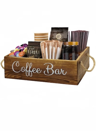 Coffee Station Organizer with Small Removable Dividers, Wooden Coffee Bar Accessories Storage For Countertop, Farmhouse Coffee Pod Holder Basket With Handle For Coffee Lover