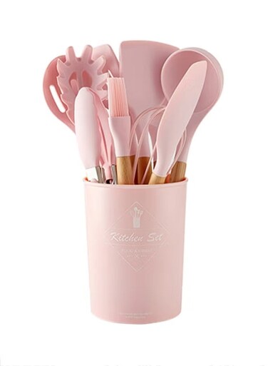 12 Piece Barreled Cooking Utensils Set With Wooden Handle Pink/Brown