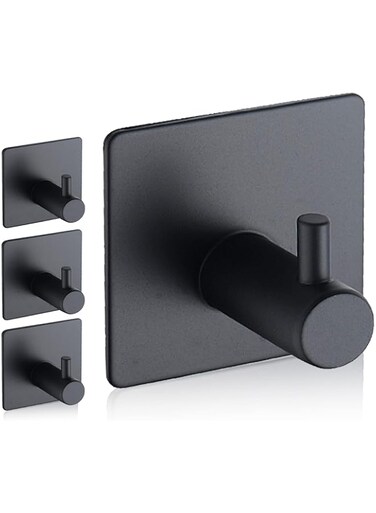Rise age Adhesive Hooks, Waterproof Adhesive Shower Hanger Hooks for Hanging Loofah, Sponge, Towels, Robes Stainless Steel Stick on Shower Hooks for Bathrom Black Removable Sticky Wall Hooks 4 Pcs