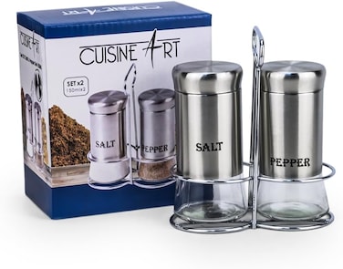 Art 2-Piece Salt and Pepper Shaker Set &acirc;&euro;&ldquo; 150ml Transparent Soda Lime Glass Spice Jars with Rust-Resistant Stainless Steel Lids, Silver