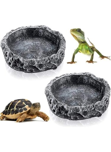 Oasisgalore 2 Pieces Rock Food Water Dish Tray Bowl for Reptile, Natural Bowl For Amphibians Reptile Tortoise Snake